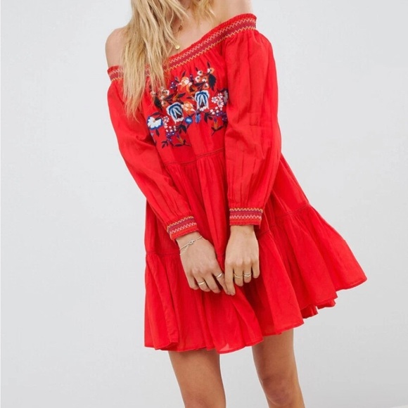 Free People Sunbeams Red Tiered Dress with Bishop Sleeves Size L - Picture 2 of 11